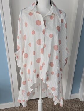 Patrizia Luca MILANO WHITE Tunic Blush Pink Polka Dots OVERSIZED  BEACH SHIRT